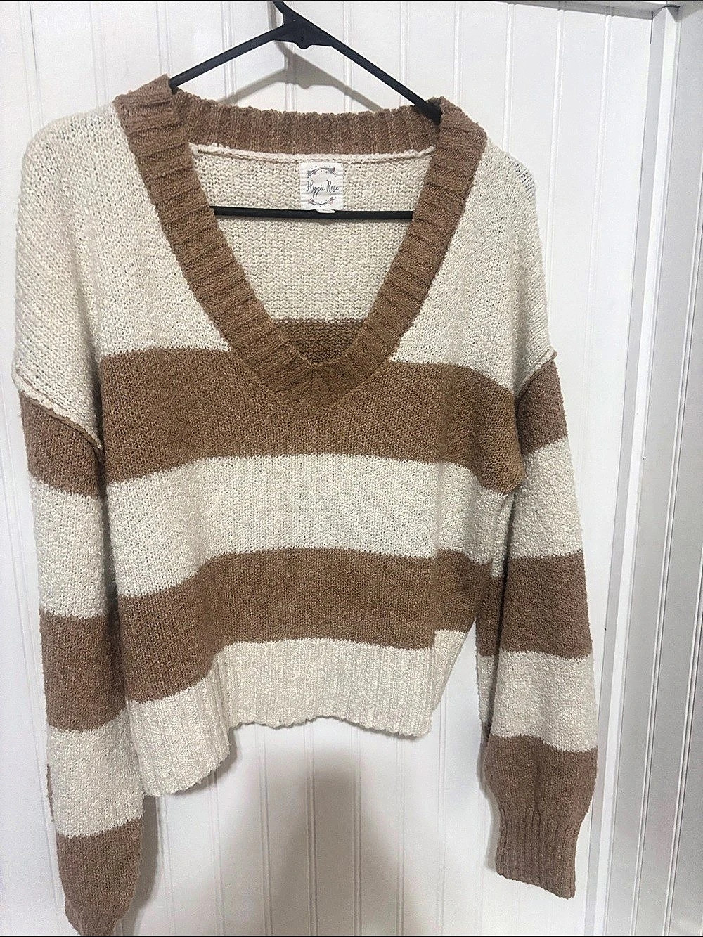 Hippie Rose Striped V-Neck Sweater in Brown & Cream Size Large